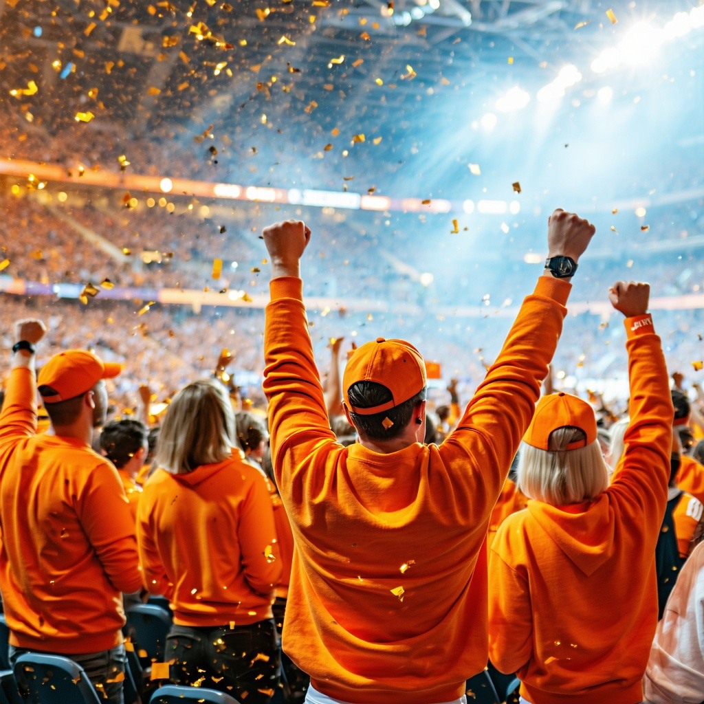 Create an image of sports fans cheering whilst wearing orange