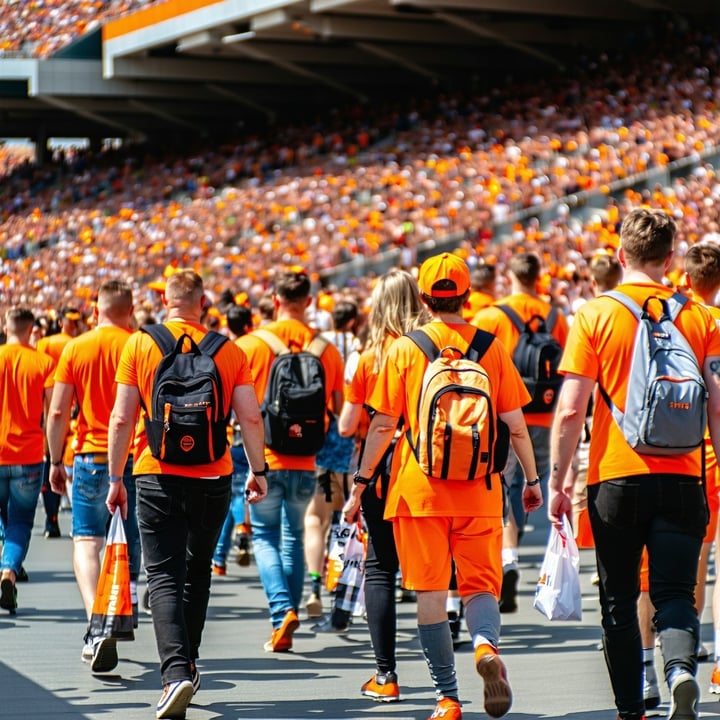 Supporters wearing orange walking up to a stadium prior to a match