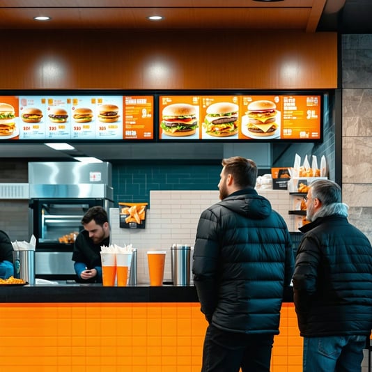 customers waiting to be served at a fast food counter with orange branding