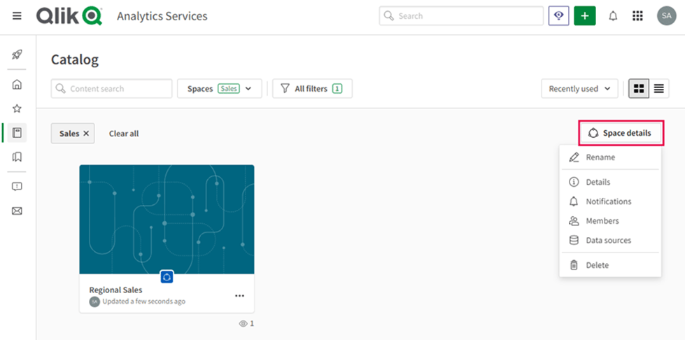 A screenshot of the Catalog menu in Qlik Analytics Services with the button for Space details highlighted.