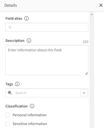 A screengrab of the additional metadata fields within Qlik Cloud