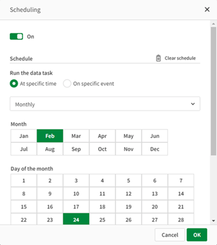 A screenshot of the Scheduling options within Qlik Cloud Data Integration. Options include running a data task at a specific time or following a specific event, as well as various time intervals.