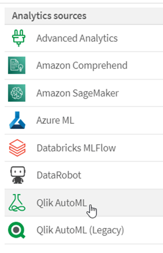 Screenshot of analytics sources menu in Qlik