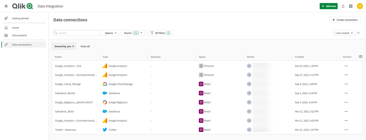 A screenshot of the Data connections menu in Qlik Data Integration, showing an overview of all data connections.
