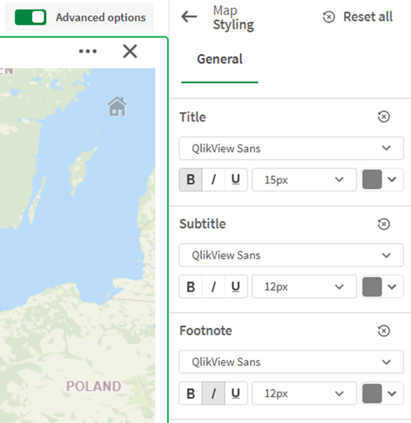 Screensht of the font styling options in a map chart