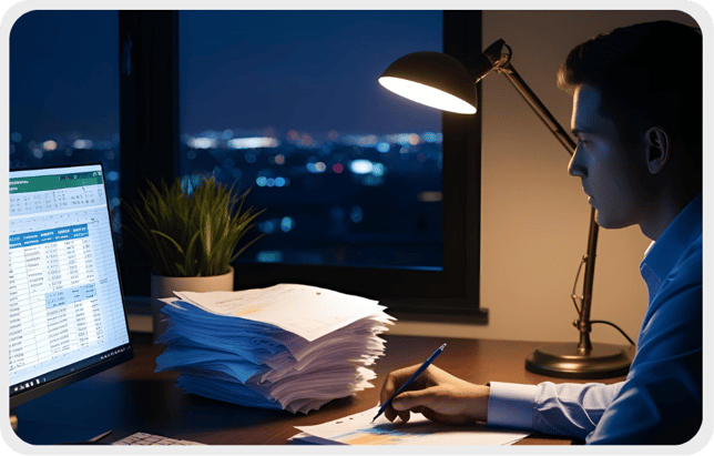 Man working at a desk late Man working at a desk late